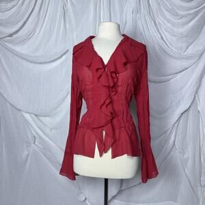 Vintage 90s Preppy Romantic Grunge Red Ruffled Long Sleeve Blouse (L)